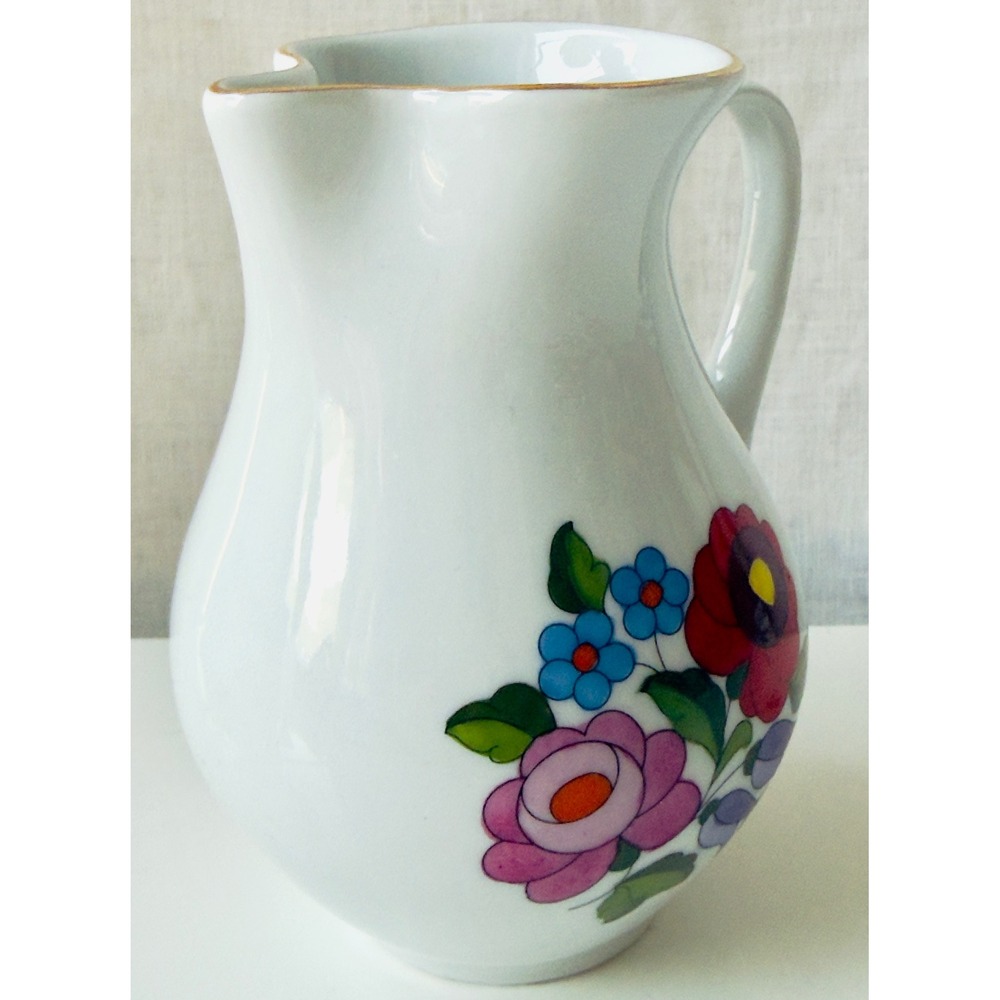 Vintage Kalocsa Hungary Hand-painted Porcelain Pitcher Folk Art Floral Gold Trim - Picture 10 of 12
